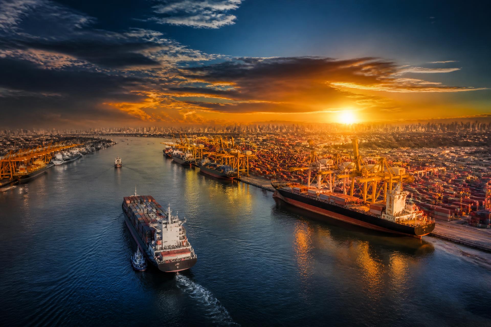 International trade port at sunset